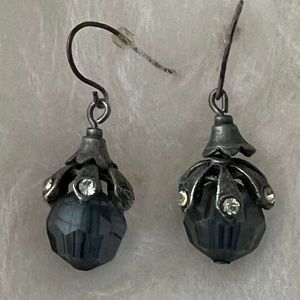 Dangly Pierced Earrings: Blue-Green Beads, Rhinestones & Metal